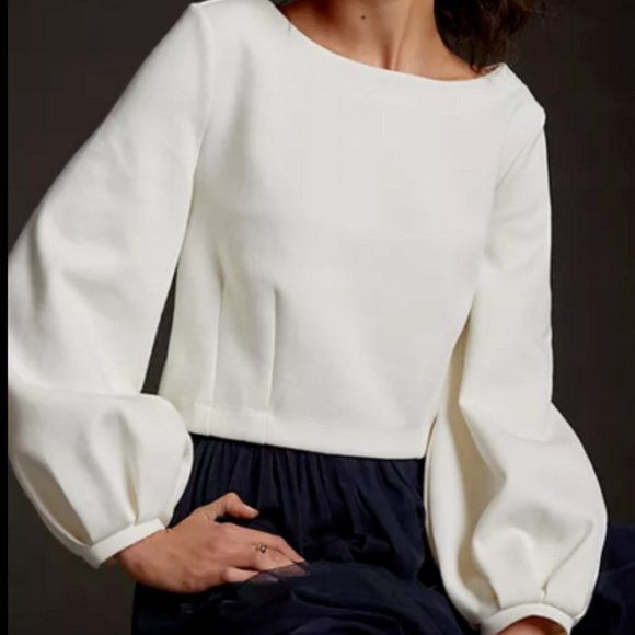 Anthropologie Ivory Party Blouse with Black Tie-Back Ribbon and Puff Sleeves - Picture 6 of 6